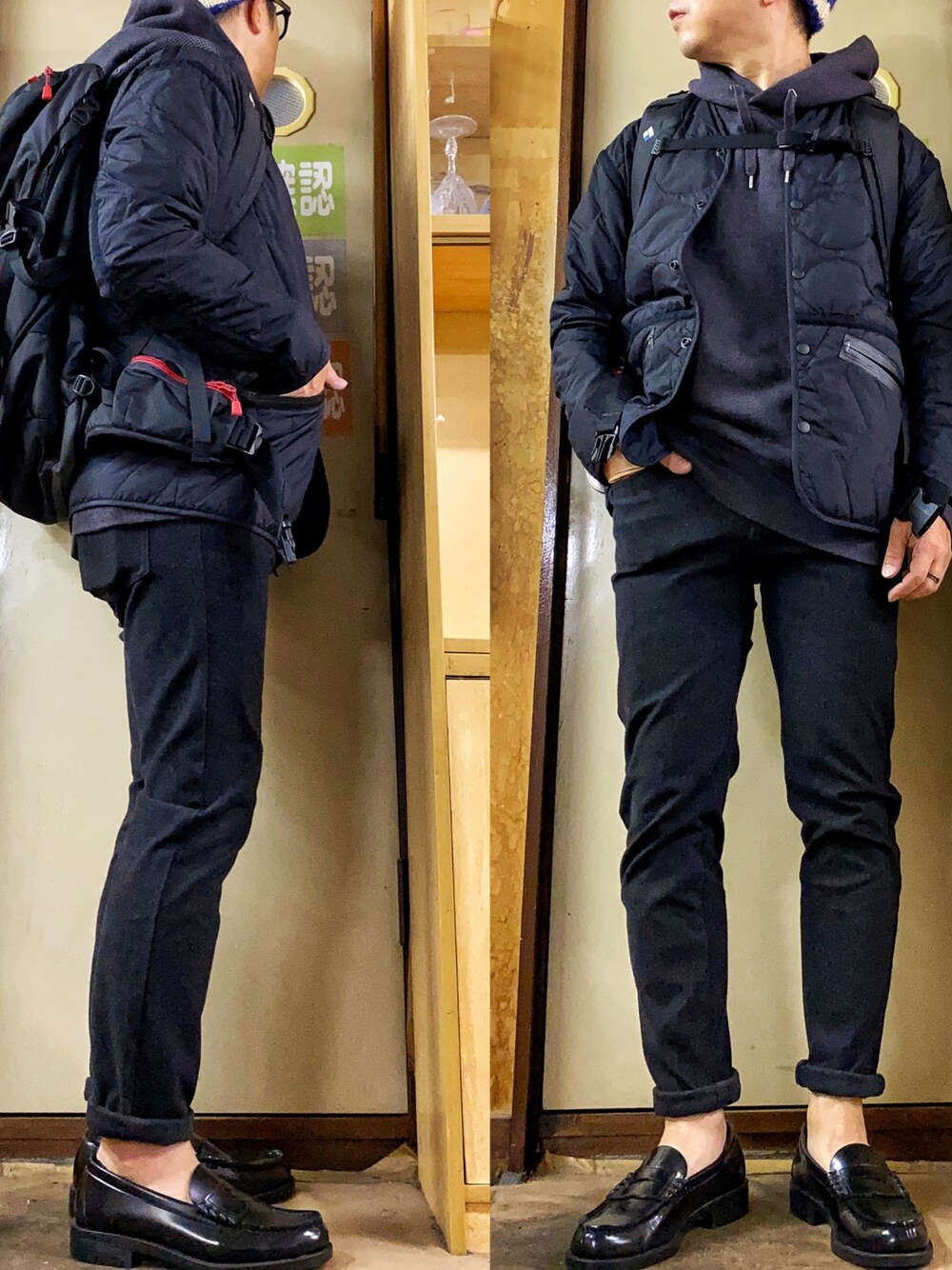 「キルティングジャケット、スキニーパンツ、ウールパンツ、ニットパンツ、GLOBAL WORK、パーカー、UNIQLO U、ローファー、HARUTA、バックパック」｜「GLOBAL WORKのサーモライトキルトカーデ/760772（ナイロンジャケット、ブラック系）」を使った、KADOさん（メンズ・161cm）の秋コーディネートの1枚目の写真