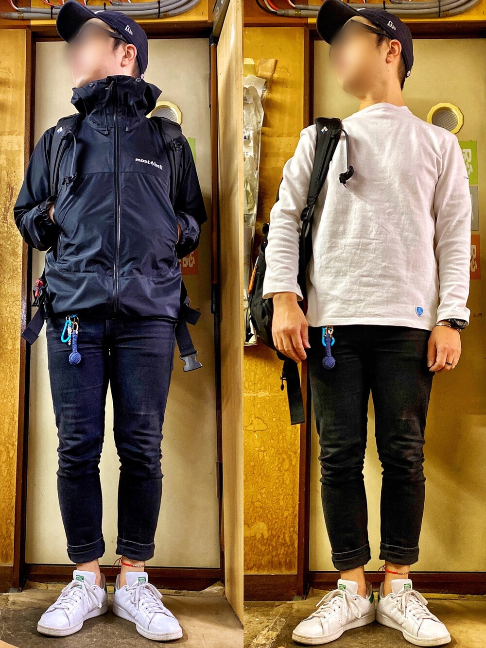 「キャップ、NEW ERA、マウンテンパーカー、バックパック、mont-bell、バスクシャツ、orcival、スキニーデニム、Nudie jeans、スタンスミス」｜「NEW ERAの【NEW ERA/ニューエラ】9TWENTYキャップ MLB（キャップ、ブルー系）」を使った、KADOさん（メンズ・161cm）の春コーディネートの1枚目の写真