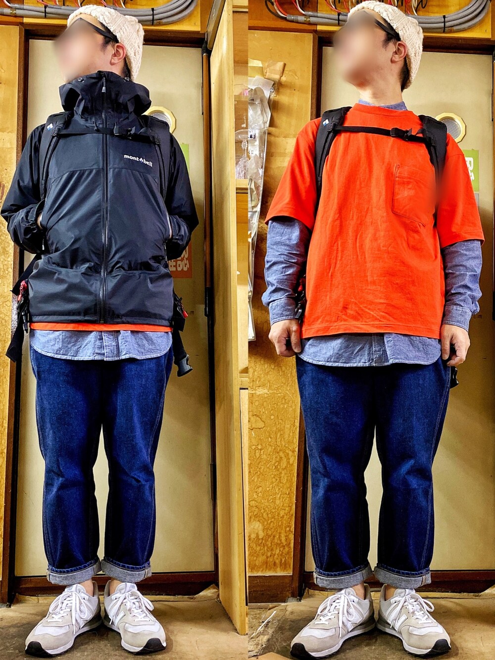 ブラック系のバックパック/リュック、ブラック系のマウンテンパーカー、ブルー系のシャツ/ブラウスを着用したメンズの春コーディネートの1枚目の写真