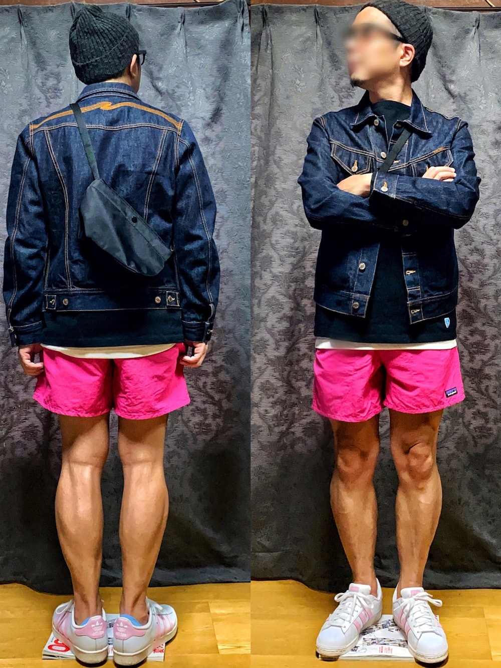 「ニット帽、HIGHLAND 2000、デニムジャケット、Nudie jeans、バスクシャツ、orcival、短パン、バギーズショーツ、patagonia、スーパースター」｜「HIGHLAND 2000のアイテム（ニットキャップ/ビーニー、ブラウン系）」を使った、KADOさん（メンズ・160cm）の春コーディネートの1枚目の写真