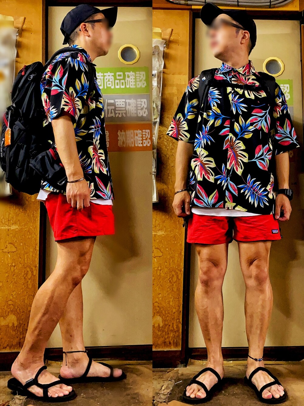 ブラック系のシャツ/ブラウス、ブラック系のバックパック/リュック、ホワイト系のタンクトップを着用したメンズの夏コーディネートの1枚目の写真