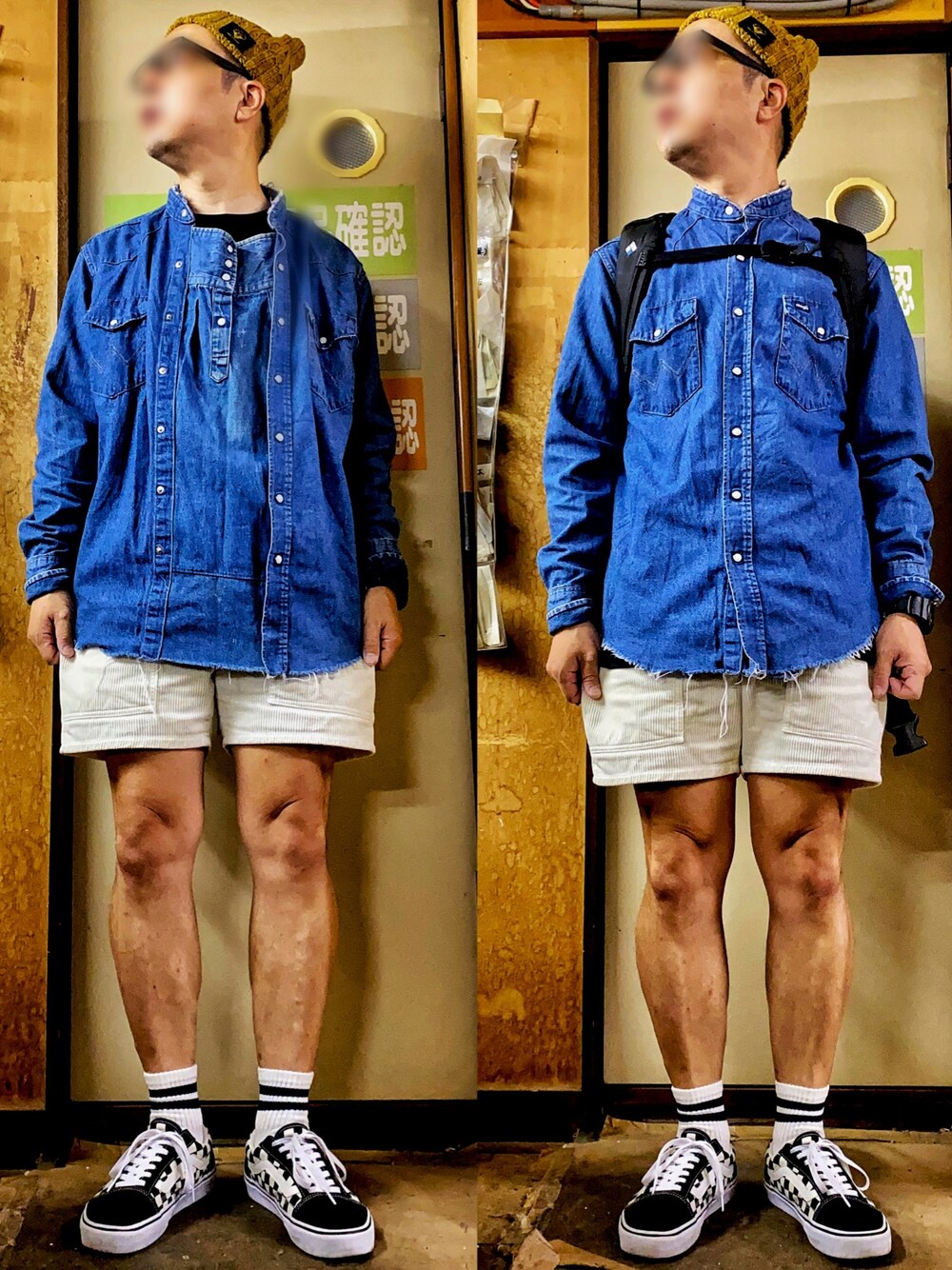 「ニット帽、ウエスタンシャツ、プルオーバーシャツ、Tシャツ、短パン、コーデュロイパンツ、バックパック、ラインソックス、チェッカーフラッグ、オールドスクール」｜「HIGHLAND 2000のアイテム（ニットキャップ/ビーニー、イエロー系）」を使った、KADOさん（メンズ・159cm）の秋コーディネートの1枚目の写真