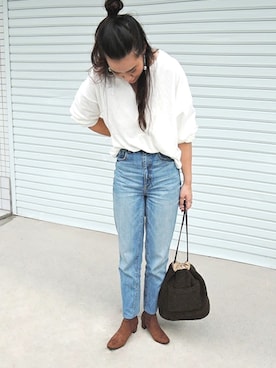 「minia（ミニア）のリバーシブル巾着バッグ（トートバッグ）」を使った、miniaさん（レディース・156cm）の秋コーディネート