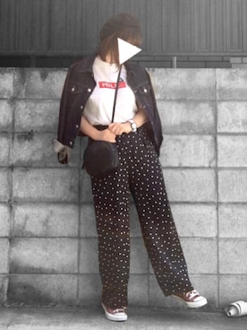「ドットパンツ」｜「アイテム（デニムジャケット）」を使った、みいちゃんさん（レディース・158cm）の春コーディネート