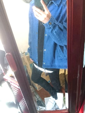 「GU（ジーユー）のアイテム（デニムジャケット、ブルー系）」を使った、かぴばらさんさん（メンズ・163cm）の春コーディネート