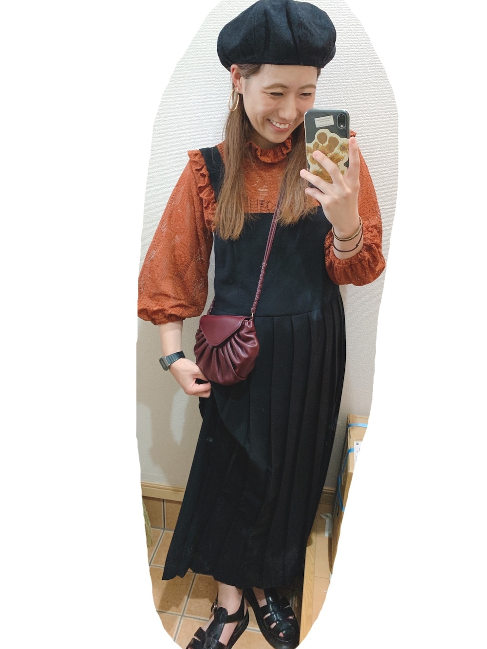 「秋色、秋のコーデ、ベレー帽女子、ZARA女」｜「ZARAのアイテム（ワンピース、ブラック系）」を使った、こがさん（レディース・152cm）の秋コーディネートの1枚目の写真