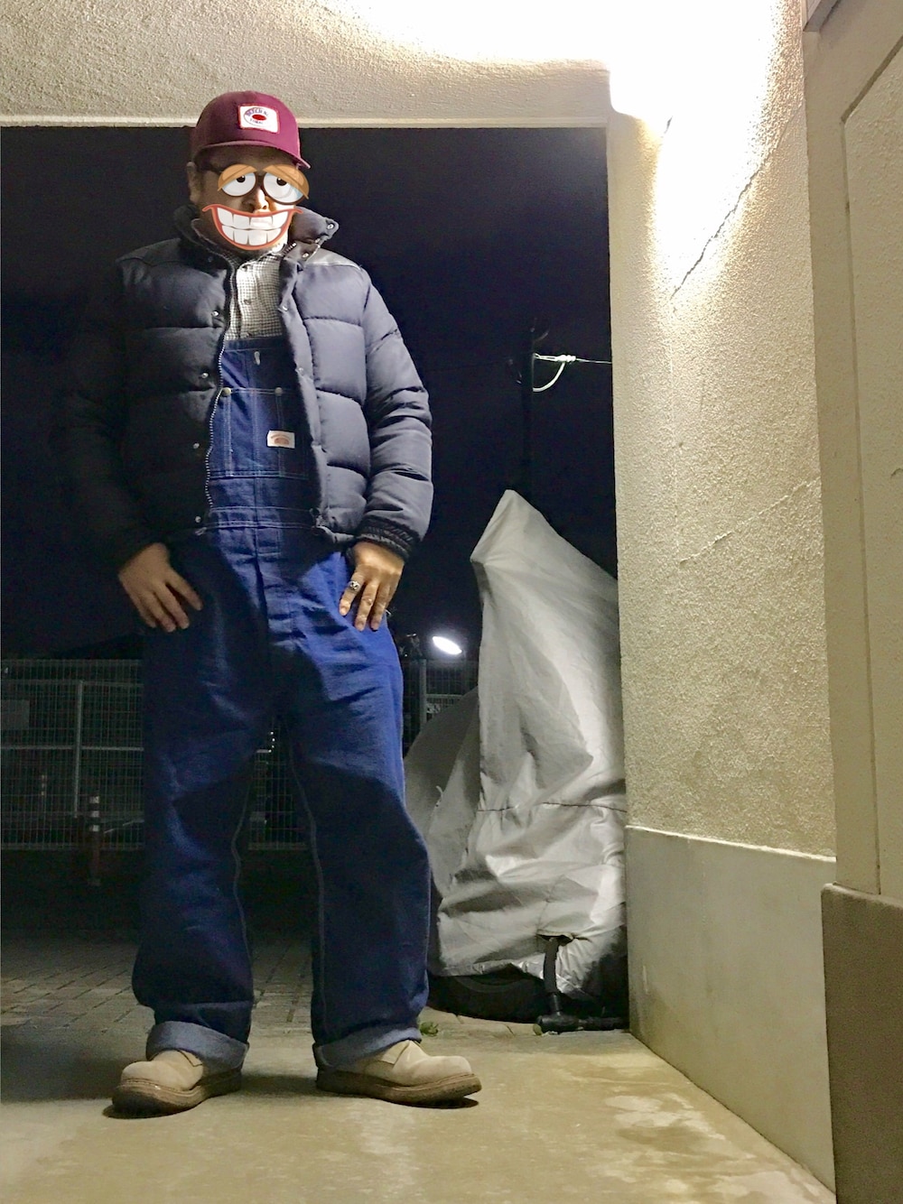 「休日スタイル、オーバーオール、キャップ、ダウンジャケット、冬、ブーツ、チェックシャツ、黒、メッシュキャップ」｜「古着のアイテム（キャップ、パープル系）」を使った、gottusoさん（メンズ・179cm）の冬コーディネートの1枚目の写真