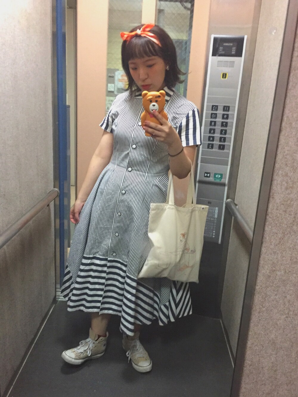 「VINTAGE、バンダナ、ストライプ、ワンピース、マリン、古着、古着女子、used、converse」｜「VINTAGEのアイテム（ワンピース、その他）」を使った、わさん（レディース・156cm）の夏コーディネートの1枚目の写真
