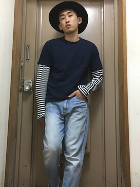「GU（ジーユー）のアイテム（デニムパンツ、ブルー系）」を使った、naoyaさん（メンズ）の春コーディネート
