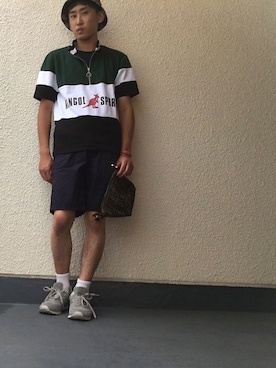 「NEW BALANCE（ニューバランス）のNEW BALANCE ニューバランス ML574ETC(D) RAIN CLOUD(ETC)（スニーカー、グレー系）」を使った、naoyaさん（メンズ）の夏コーディネート