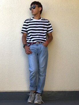 「NEW BALANCE（ニューバランス）のNEW BALANCE ニューバランス ML574ETC(D) RAIN CLOUD(ETC)（スニーカー、グレー系）」を使った、naoyaさん（メンズ）の夏コーディネート