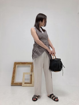 「SLY（スライ）のDROP STRING C/A TOPS/ドロストキャミソールトップス（キャミソール、グレー系）」を使った、くまたそさん（レディース・160cm）の夏コーディネート