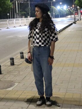 「MONKI（モンキ）のアイテム（デニムパンツ、ブルー系）」を使った、🍊さん（レディース・155cm）の夏コーディネート
