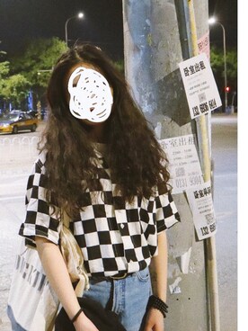 「古着のアイテム（Tシャツ/カットソー、ブラック系）」を使った、🍊さん（レディース・155cm）の夏コーディネート