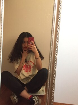「VINTAGE（ヴィンテージ）のアイテム（Tシャツ/カットソー、ベージュ系）」を使った、🍊さん（レディース・155cm）の夏コーディネート