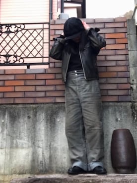 「ワークブーツ」｜「アイテム（ライダースジャケット）」を使った、のの♪さん（レディース・162cm）の冬コーディネート