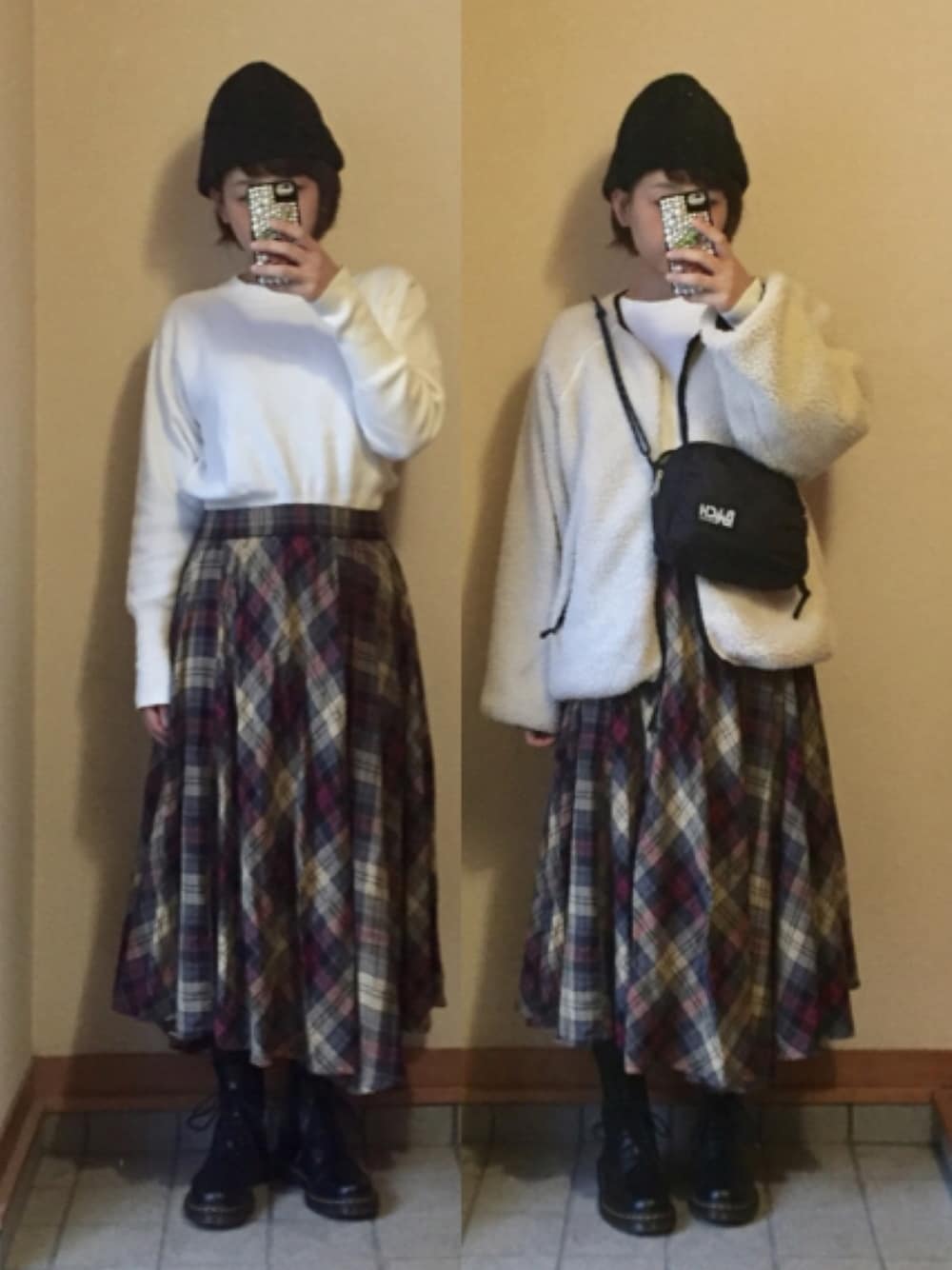 「ニット帽、ニット、ボアブルゾン、ミモレ丈スカート、チェック、黒タイツ、ドクターマーチン、サコッシュ、6度」｜「JEANASISのウールニットキャップ/728281（ニットキャップ/ビーニー、ブラック系）」を使った、記録係さん（レディース・160cm）の秋コーディネートの1枚目の写真