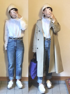「ハイウエストストレートジーンズ」｜「アイテム（トレンチコート）」を使った、記録係さん（レディース・160cm）の春コーディネート