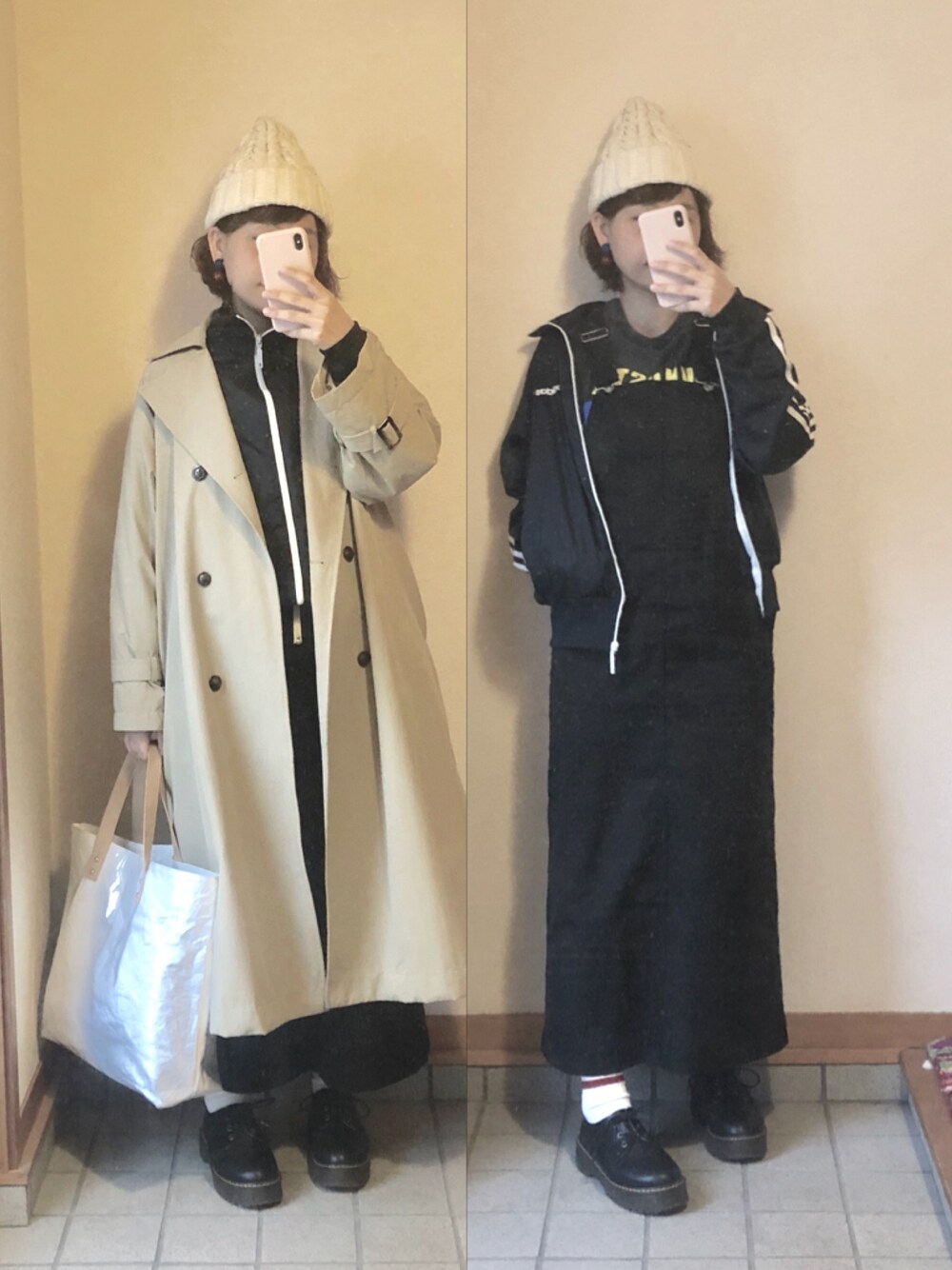 「ニット帽、Tシャツ、ジャンパースカート、ジャージ、ラインソックス、厚底シューズ、トレンチコート、トートバッグ、12度、15度」｜「CA4LAのアイテム（ニットキャップ/ビーニー、ホワイト系）」を使った、記録係さん（レディース・160cm）の春コーディネートの1枚目の写真