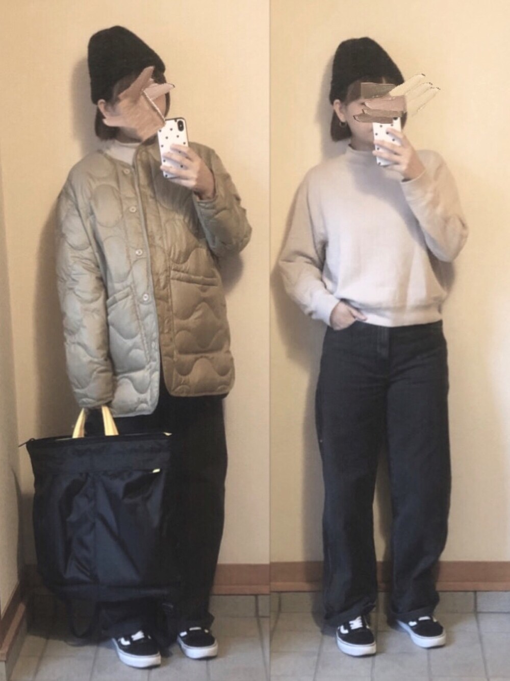 ベージュ系のスウェット、グレー系のデニムパンツ、グリーン系のミリタリージャケットを着用したレディースの秋コーディネートの1枚目の写真