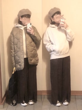 「サテンパンツ」｜「アイテム（ミリタリージャケット）」を使った、記録係さん（レディース・160cm）の冬コーディネート
