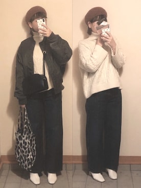 「ハイネックニット」｜「アイテム（MA-1）」を使った、記録係さん（レディース・160cm）の冬コーディネート