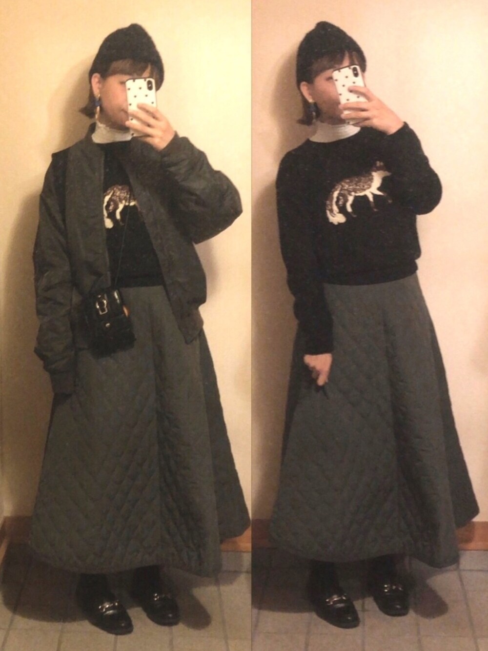 ホワイト系のシャツ/ブラウス、ブラック系のニット/セーター、グリーン系のスカートを着用したレディースの冬コーディネートの1枚目の写真