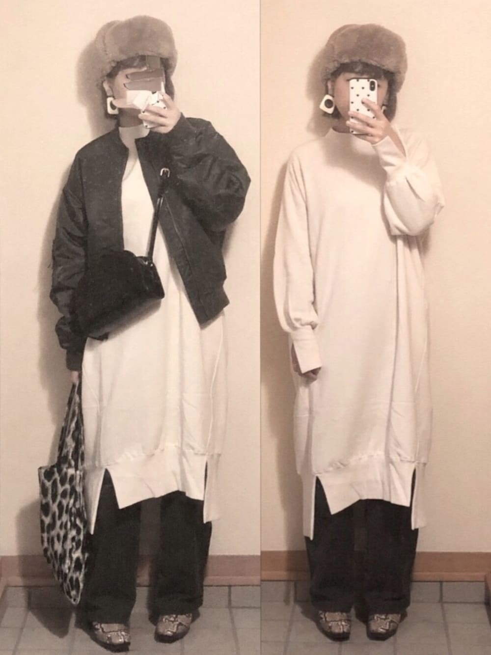 「ファー帽子、スウェットワンピース、カーブパンツ、MA-1、ブーツ、ショルダーバッグ、6度、12度、冬アウター着回しチャレンジ」｜「FREAK'S STOREのフライトキャップ（キャップ、ブラウン系）」を使った、記録係さん（レディース・160cm）の冬コーディネートの1枚目の写真