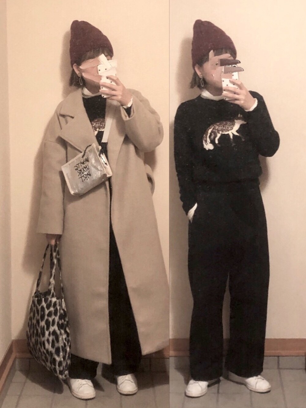 「ニット帽、ハイネックトップス、柄ニット、カーブパンツ、ロングコート、スタンスミス、ショルダーバッグ、7度、11度、冬アウター着回しチャレンジ」｜「WEGOのWEGO/ケーブルニットキャップ（ニットキャップ/ビーニー、レッド系）」を使った、記録係さん（レディース・160cm）の冬コーディネートの1枚目の写真