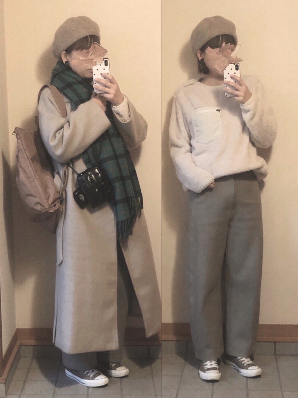 「ベレー帽、ボアフリース、カーブパンツ、ロングコート、コンバース、ウォレットバッグ、リュック、4度、8度、冬アウター着回しチャレンジ」｜「ZARAのアイテム（ハンチング/ベレー帽、ベージュ系）」を使った、記録係さん（レディース・160cm）の冬コーディネートの1枚目の写真