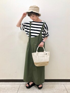 「USAコットン」｜「アイテム（ジャンパースカート）」を使った、みやもとなのこさん（レディース・153cm）の春コーディネート