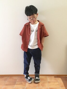 「devirock（デビロック）のオープンカラーシャツ（シャツ/ブラウス）」を使った、とんちゃんさん（キッズ・110cm）の春コーディネート