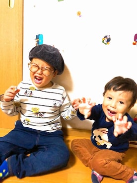「アイテム（デニムジャケット、シルバー系）」を使った、ゆーぴさん（キッズ・90cm）の秋コーディネート