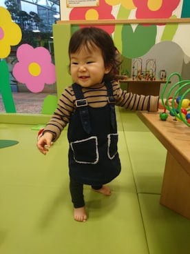 「BRANSHES（ブランシェス）のテレコボーダー長袖Tシャツ（Tシャツ/カットソー）」を使った、はななさん（キッズ・70cm）の秋コーディネート