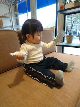 「sense of wonder（センスオブワンダー）のストレッチケーブル　ハイネックTシャツ（Tシャツ/カットソー）」を使った、はななさん（キッズ・70cm）の冬コーディネート