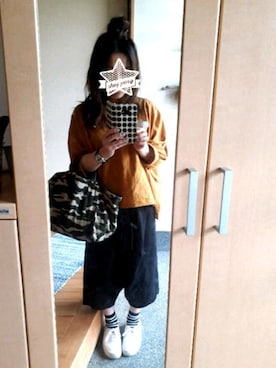 「Samansa Mos2（サマンサ モスモス）のリネン混袖口ギャザーＴブラウス（シャツ/ブラウス、イエロー系）」を使った、アイスコーヒー🍀さん（レディース・153cm）の春コーディネート