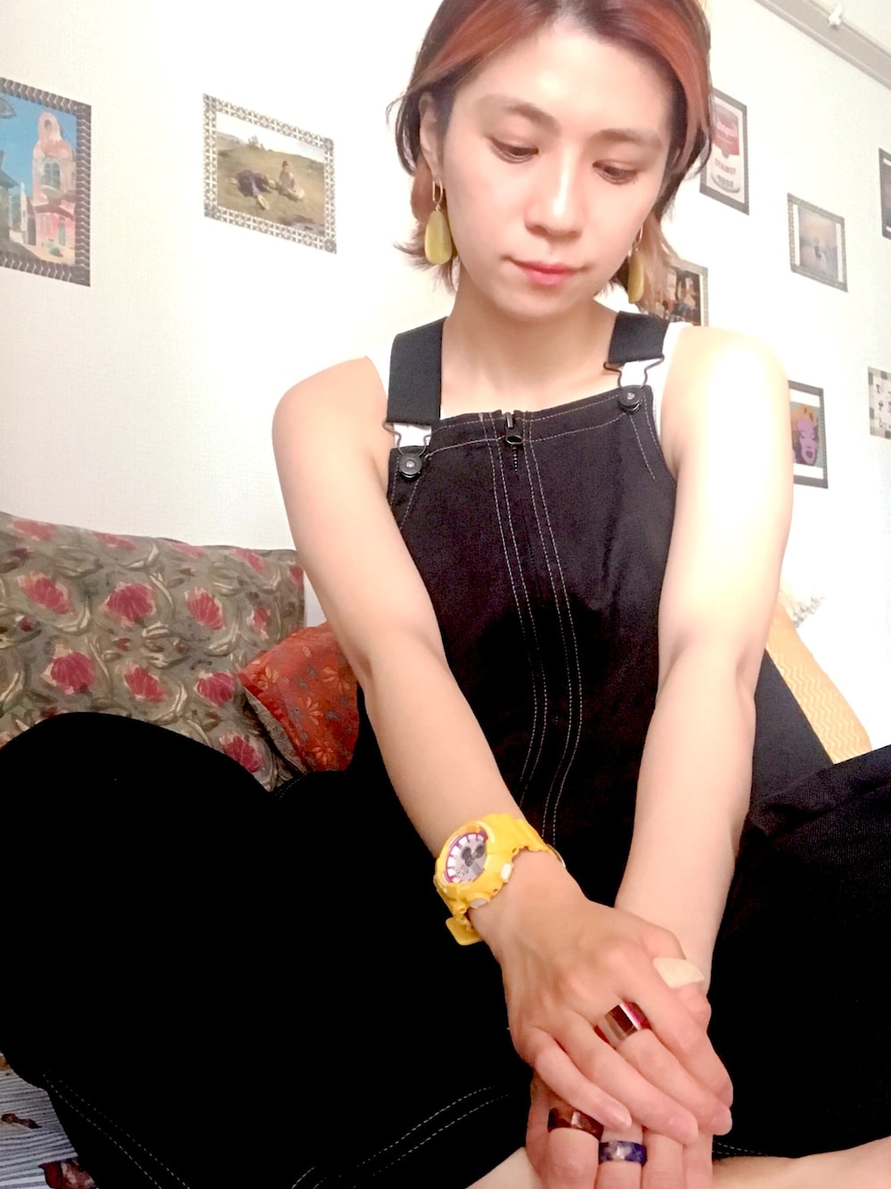 「サロペット、つなぎ、ユニセックス、ゆるコーデ、タンクトップ、Kastane、ootd、夏コーデ、夏、おでかけ」｜「WHIMSICのU.S.N deckpants（サロペット/オーバーオール、ブラック系）」を使った、tictactocさん（レディース・152cm）の夏コーディネートの1枚目の写真