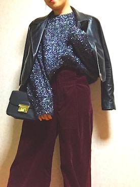 「ラメ」｜「アイテム（ライダースジャケット）」を使った、Mamiさん（レディース・153cm）の冬コーディネート