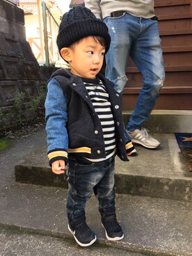 「息子」｜「アイテム（ニットキャップ/ビーニー）」を使った、Yuurricaaさん（キッズ・80cm）の秋コーディネート