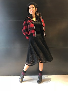 「赤チェック」｜「アイテム（ミリタリージャケット）」を使った、rumiさん（レディース・154cm）の秋コーディネート