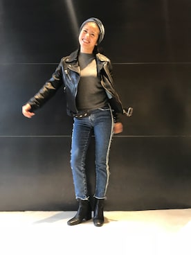 「フリンジデニム」｜「アイテム（ライダースジャケット）」を使った、rumiさん（レディース・154cm）の冬コーディネート