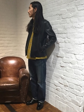 「ADAM ET ROPE'（アダムエロペ）のアイテム（ライダースジャケット）」を使った、suzukiさん（メンズ・177cm）の冬コーディネート