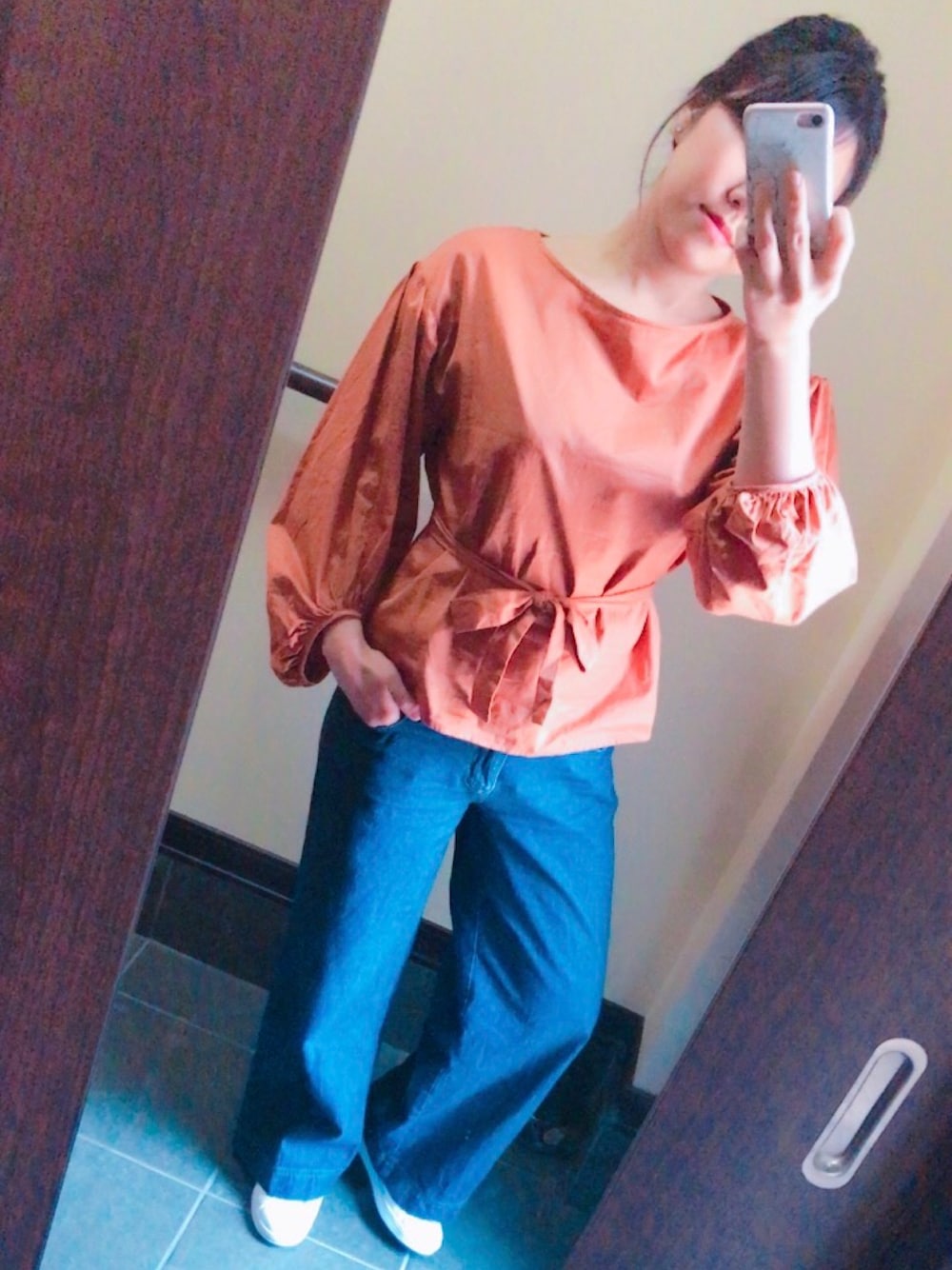 「mysticのウエストベルト長袖ブラウス（シャツ/ブラウス、オレンジ系）」を使った、＊hazuki＊さん（レディース・158cm）の春コーディネートの1枚目の写真