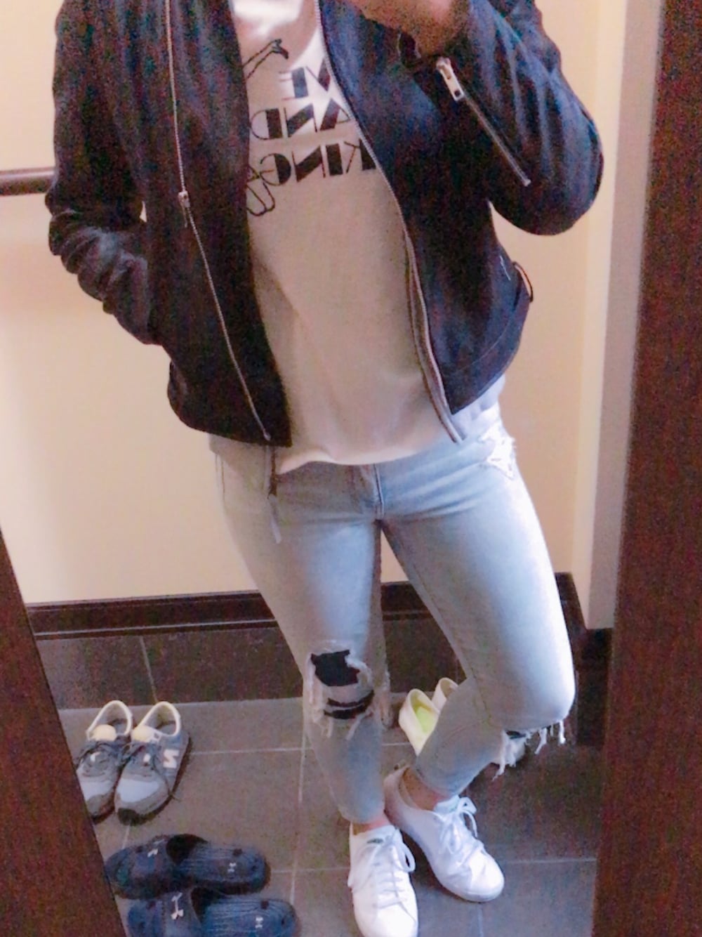 「EDWINのアイテム（ライダースジャケット、ブラック系）」を使った、＊hazuki＊さん（レディース・158cm）の春コーディネートの1枚目の写真
