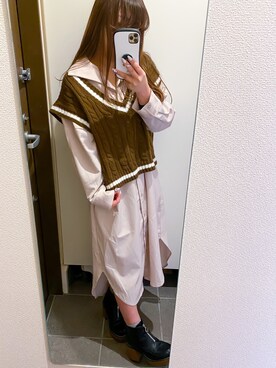 「くすみピンク」｜「アイテム（シャツワンピース）」を使った、* 𝙠𝙧𝙣 *さん（レディース・148cm）の冬コーディネート
