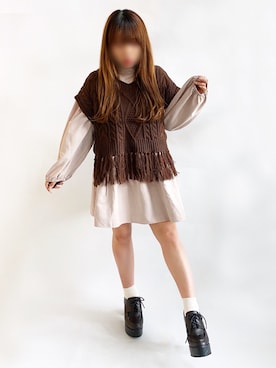 「ケーブルニット」｜「アイテム（チュニック）」を使った、* 𝙠𝙧𝙣 *さん（レディース・148cm）の秋コーディネート