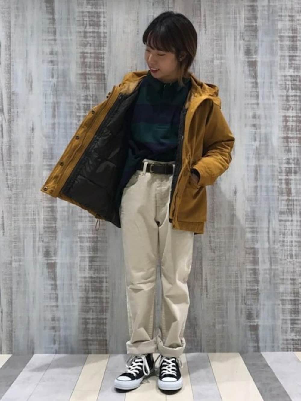 「アウター、マウンテンパーカー、コーデュロイパンツ、マスタード、3way、cepo.、ラガーシャツ」｜「cepoの3WAYマンパ（マウンテンパーカー、イエロー系）」を使った、cepo公式さん（レディース・145cm）の秋コーディネートの1枚目の写真