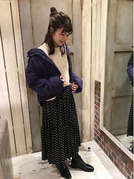 「小花柄ワンピース」｜「アイテム（ダウンジャケット/コート）」を使った、cepo公式さん（レディース・158cm）の秋コーディネート