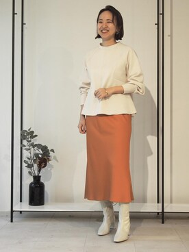「EMMEL REFINES（エメルリファインズ）の【EMMEL REFINES】EM 異素材 セットアップ（ワンピース、ブラウン系）」を使った、80225nkさん（レディース・163cm）の秋コーディネート