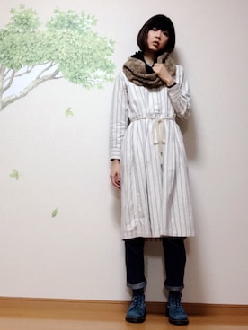 「フェリシモ（フェリシモ）のアイテム（ストール/ショール、ブラウン系）」を使った、sakikikikoさん（レディース・171cm）の秋コーディネート